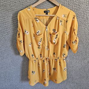 J FOR JUSTIFY Women’s Yellow Floral Zip Front Blouse Top Roll Tab Sleeves Size L
